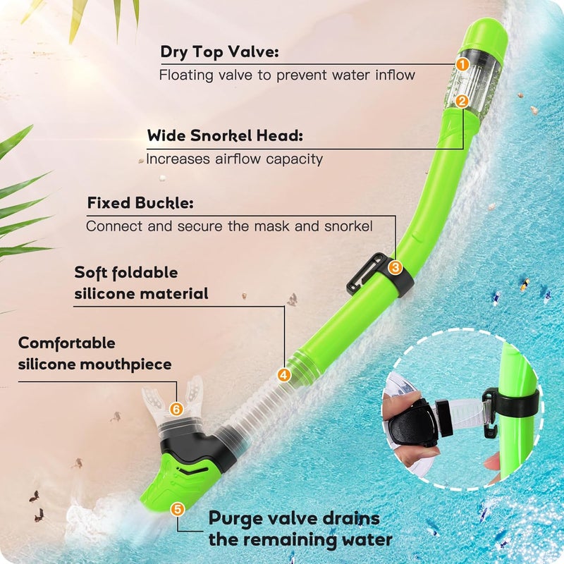Seovediary Kids Snorkel Set, Anti-Fog Panoramic Tempered Glass Kids Snorkel mask, Anti-Leak Scuba Diving Mask with Mesh Bag, Dry Top Snorkeling Gear for Kids and Youth Age 4-16 - Image 4